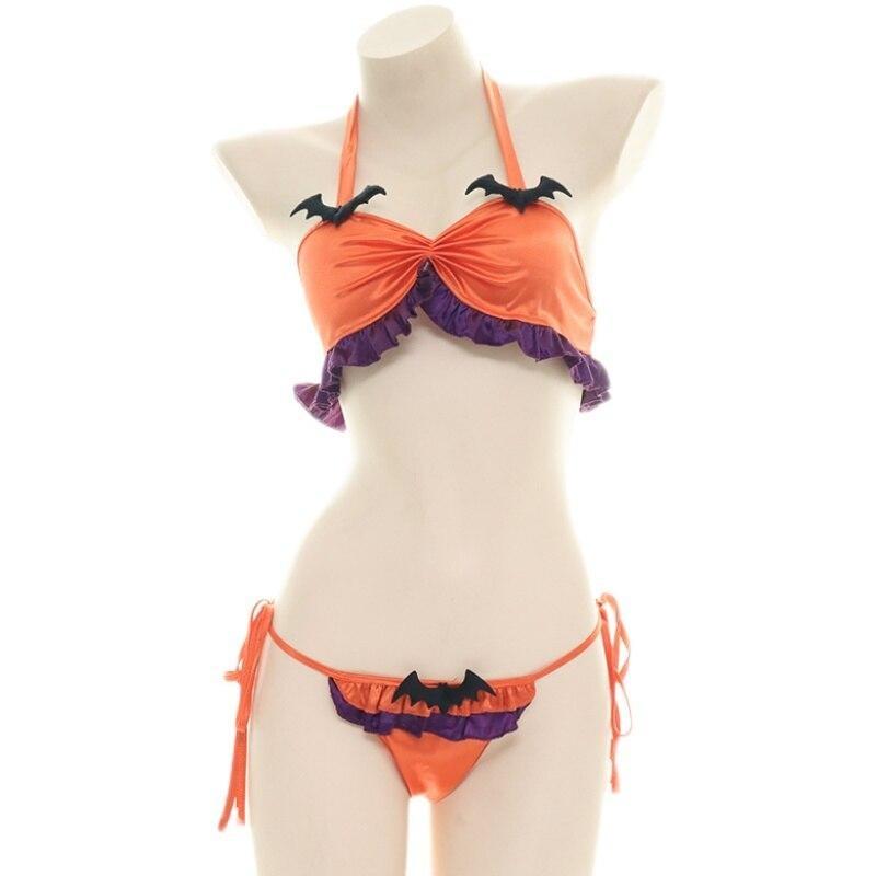Halloween Ruffled Devil Lingerie Set - bat, bat wing, wings, bats, bikini