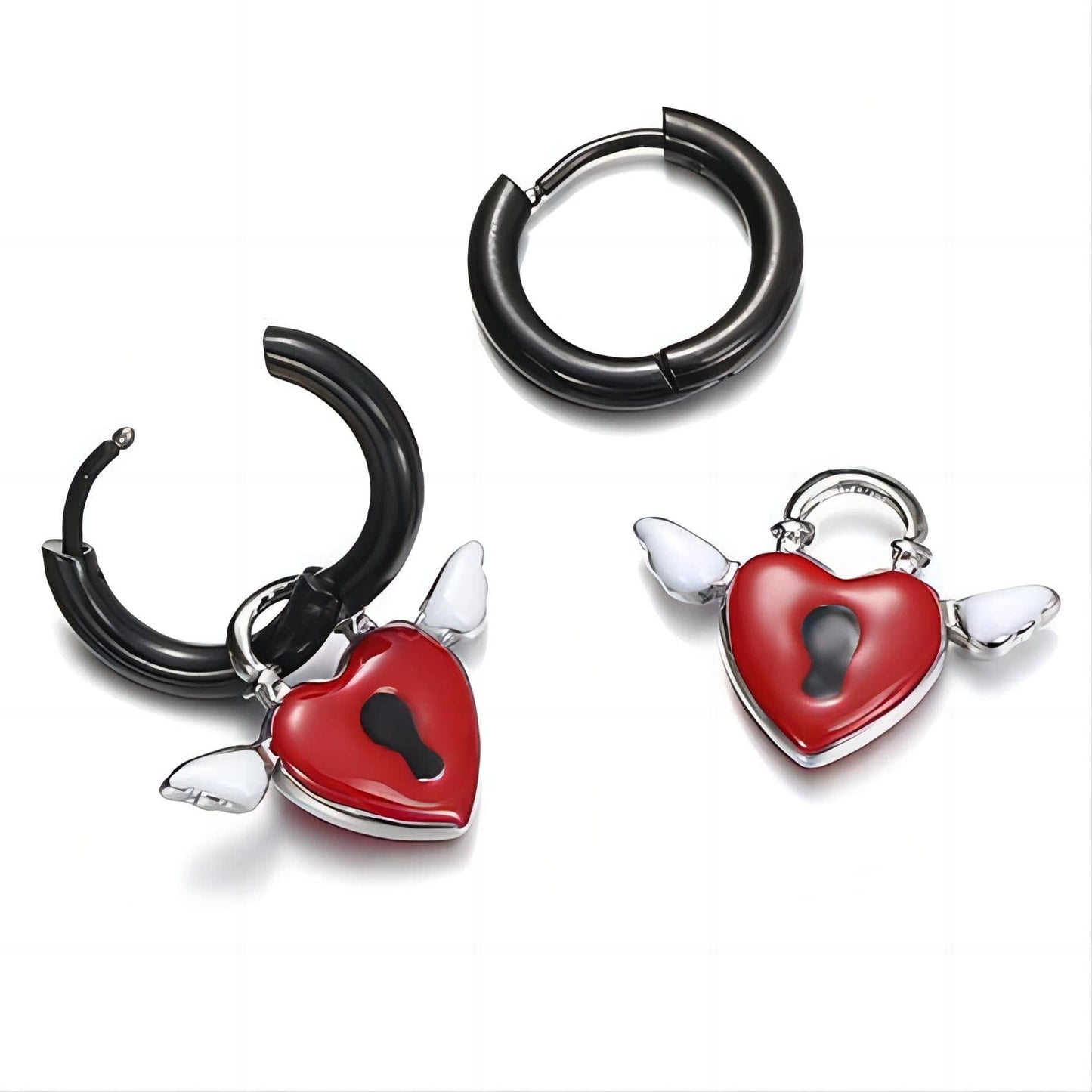 Y2K Angel Wings Heart Lock Huggie Hoop Earrings