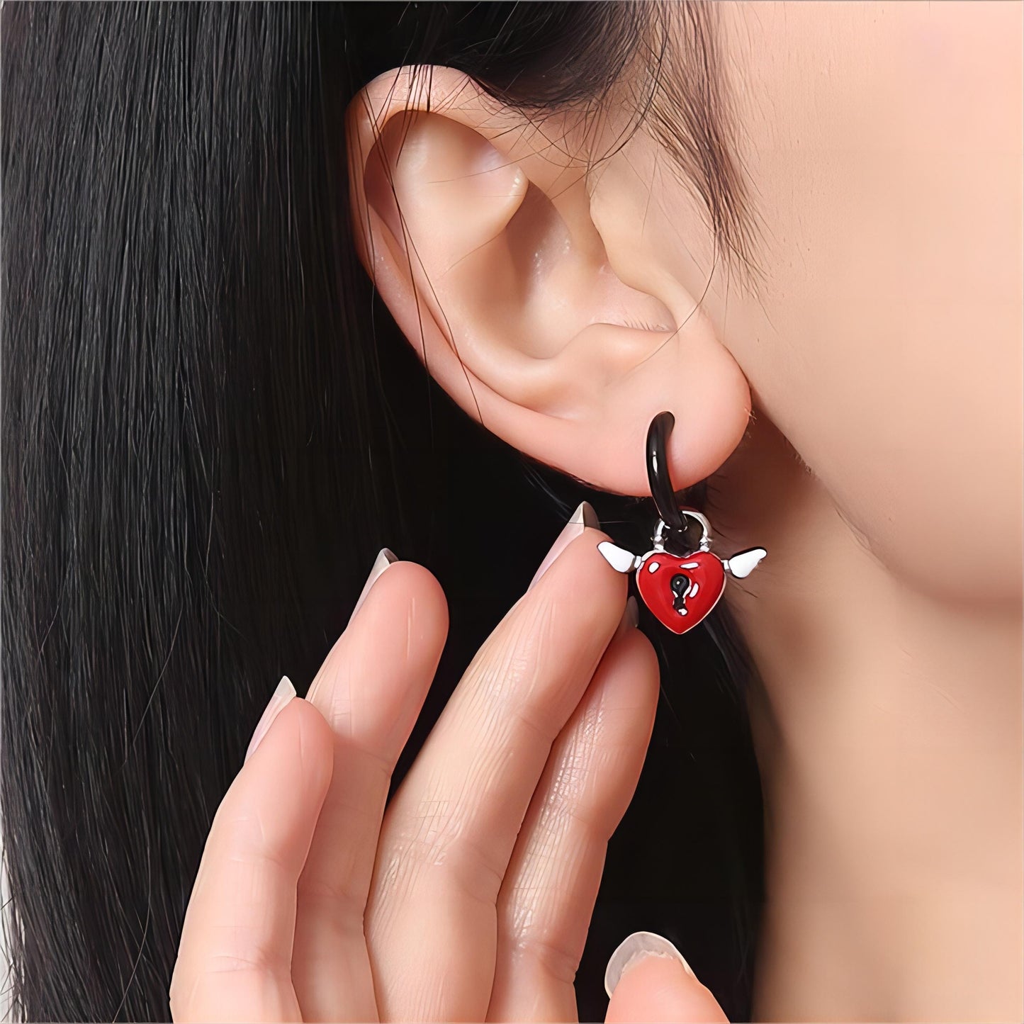 Y2K Angel Wings Heart Lock Huggie Hoop Earrings