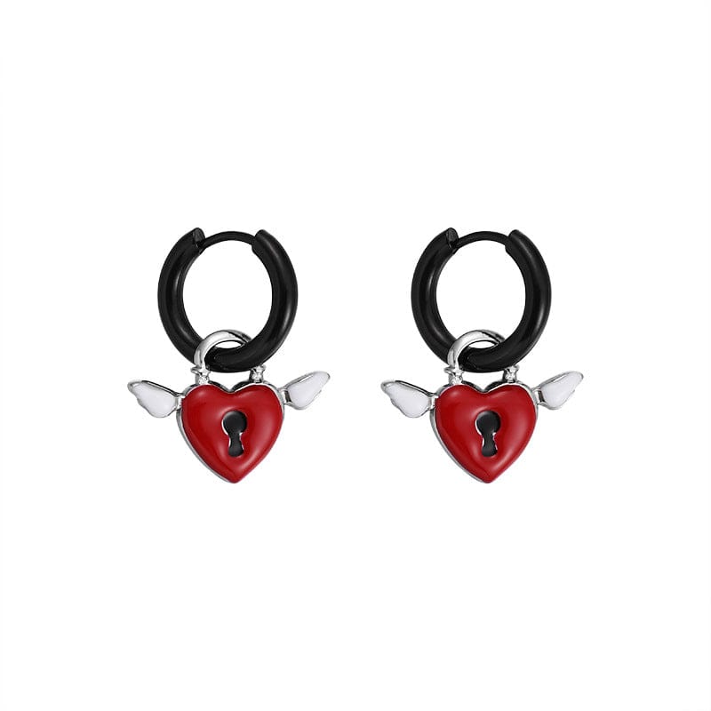 Y2K Angel Wings Heart Lock Huggie Hoop Earrings