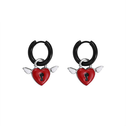 Y2K Angel Wings Heart Lock Huggie Hoop Earrings