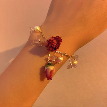 Echte getrocknete Rosenknospen Blumenperlen Quaste Halskette Ohrhänger Armband Set