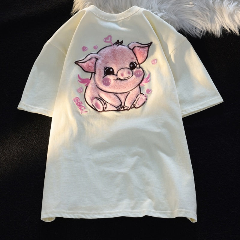 Happy pig fluffy tee - flocked - fuzzy shirt - pig - piggy - piglet