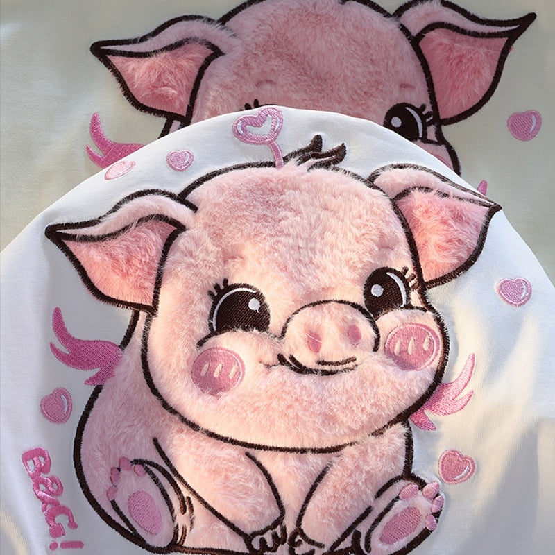 Happy pig fluffy tee - flocked - fuzzy shirt - pig - piggy - piglet
