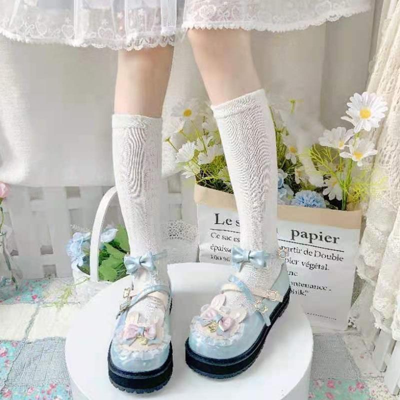 Holographic Bunny Lolita Flats - bear ears, shoes, bunny cotton candy