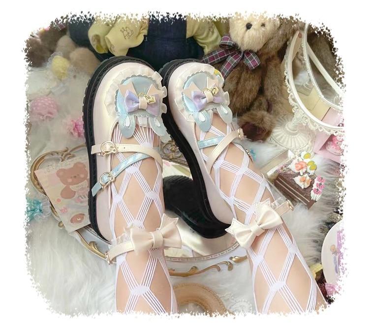 Holographic Bunny Lolita Flats - bear ears, shoes, bunny cotton candy