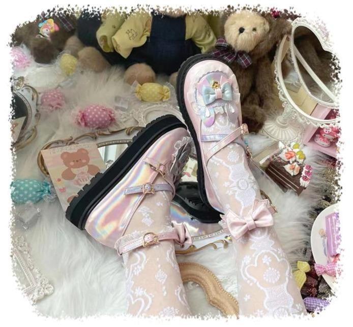 Holographic Bunny Lolita Flats - bear ears, shoes, bunny cotton candy