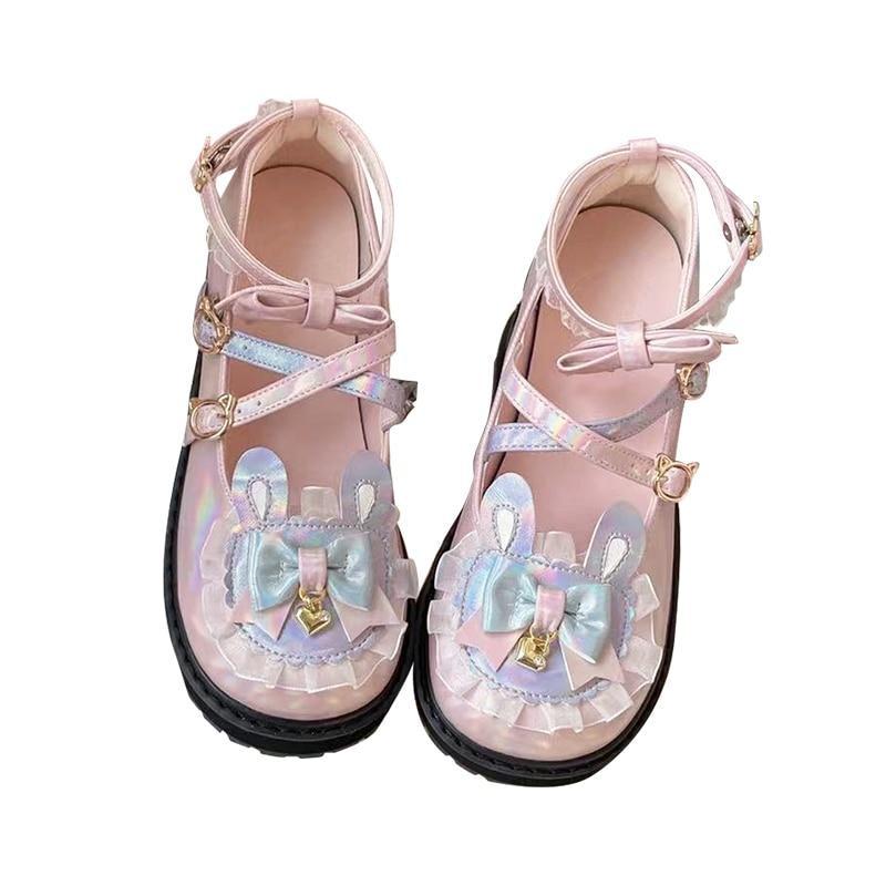Holographic Bunny Lolita Flats - bear ears, shoes, bunny cotton candy