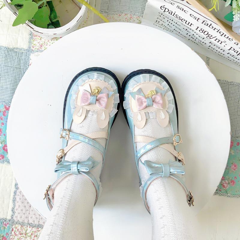 Holographic Bunny Lolita Flats - bear ears, shoes, bunny cotton candy