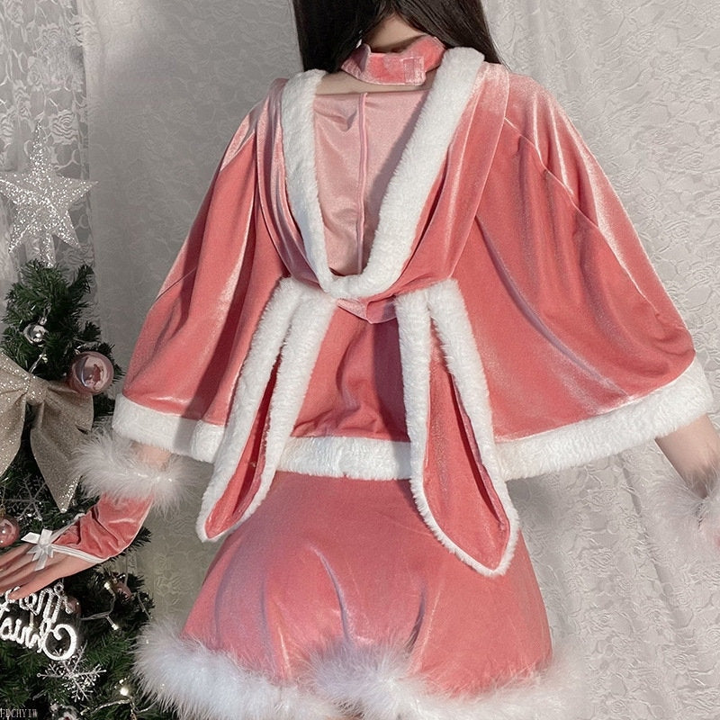 Hooded Pink Christmas Bunny Set - bunny dress, ears, rabbit, costumes, dress