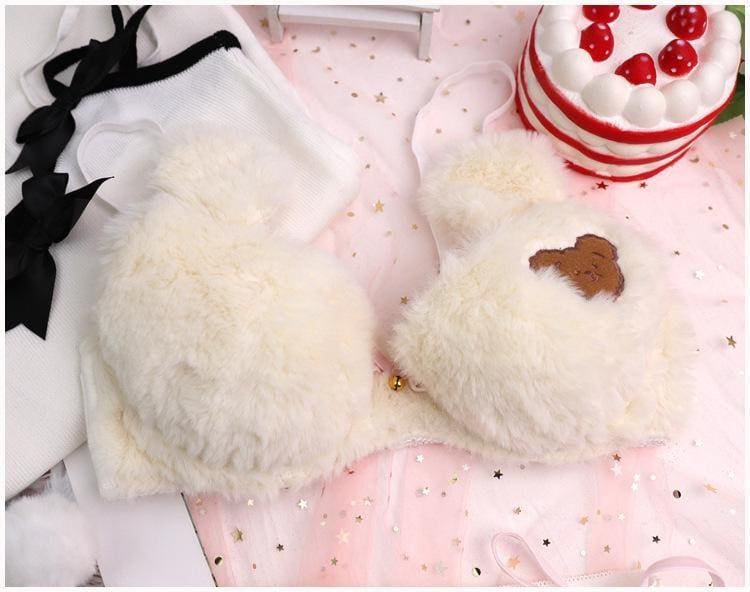 Kawaii fuzzy brown teddy bear lingerie set in faux fur