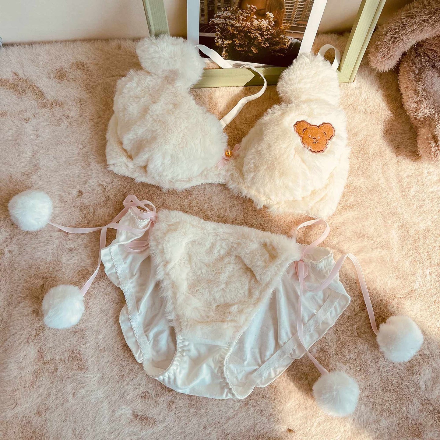 Kawaii fuzzy brown teddy bear lingerie set in faux fur