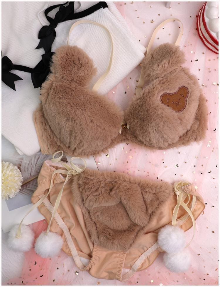 Kawaii fuzzy brown teddy bear lingerie set in faux fur