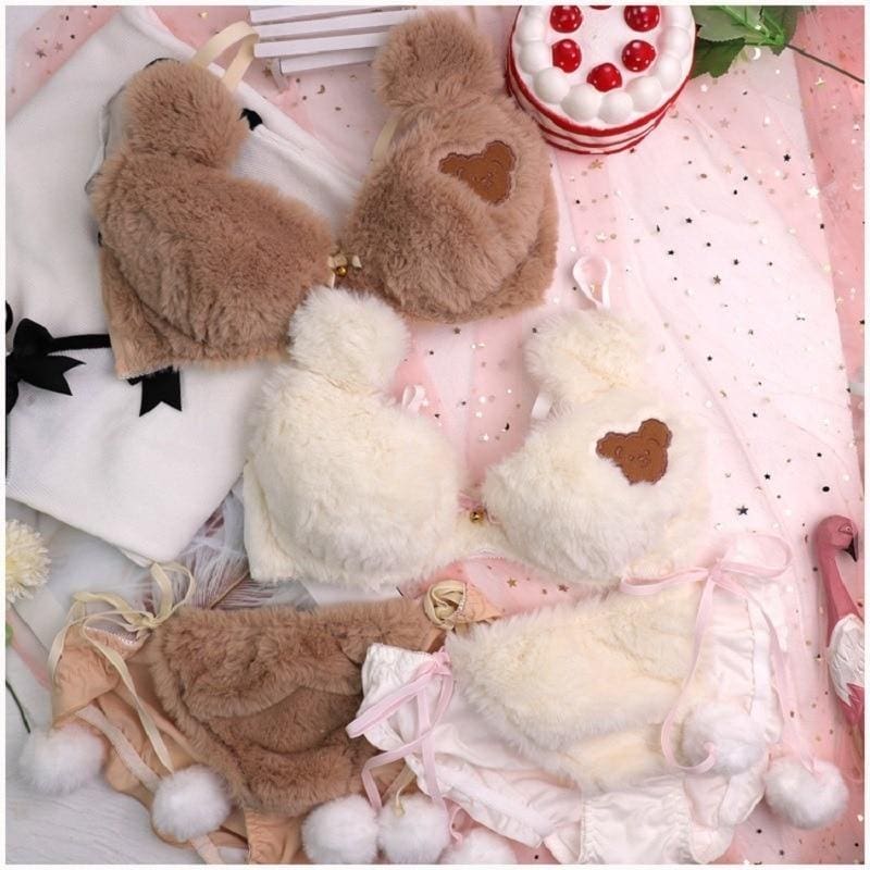 Kawaii fuzzy brown teddy bear lingerie set in faux fur