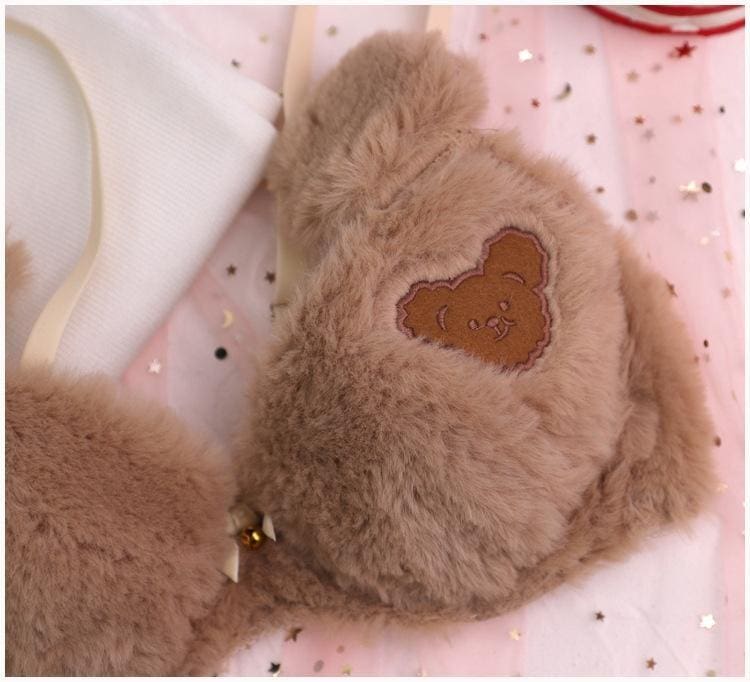 Kawaii fuzzy brown teddy bear lingerie set in faux fur