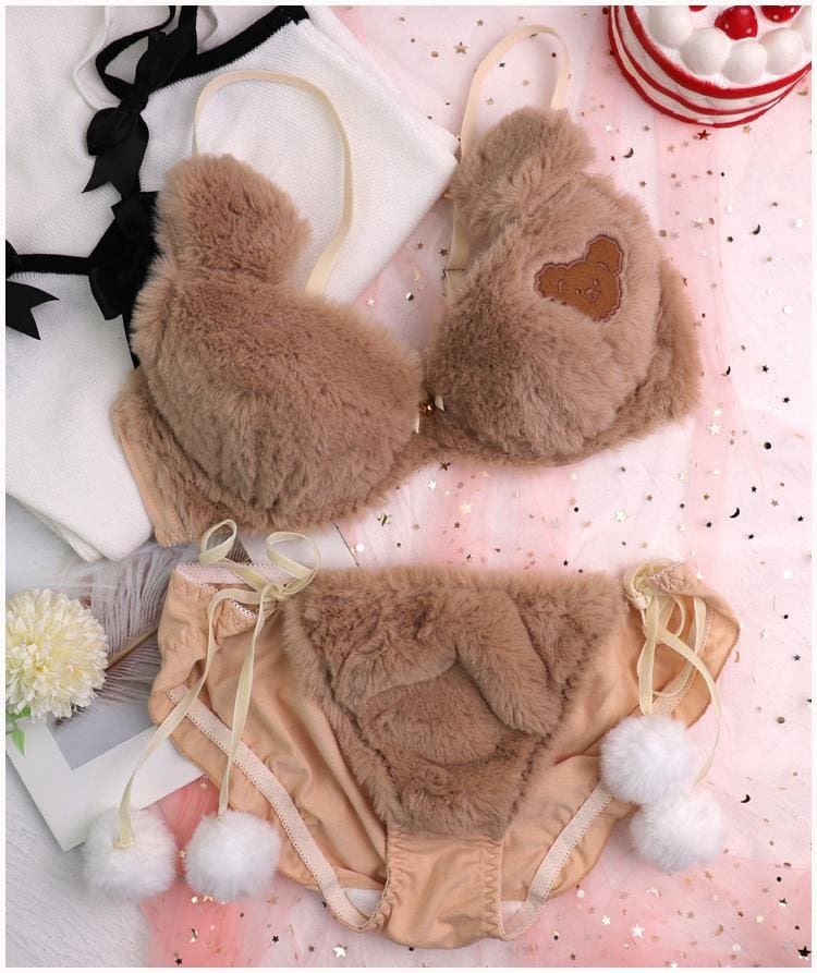Kawaii fuzzy brown teddy bear lingerie set in faux fur