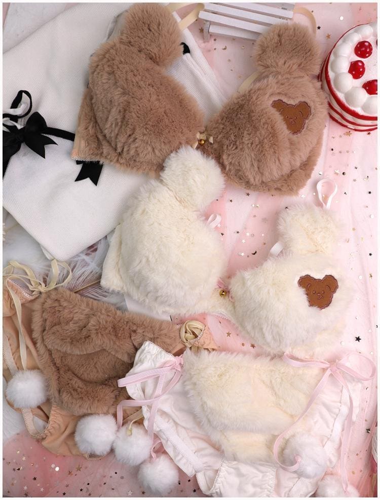 Kawaii fuzzy brown teddy bear lingerie set in faux fur