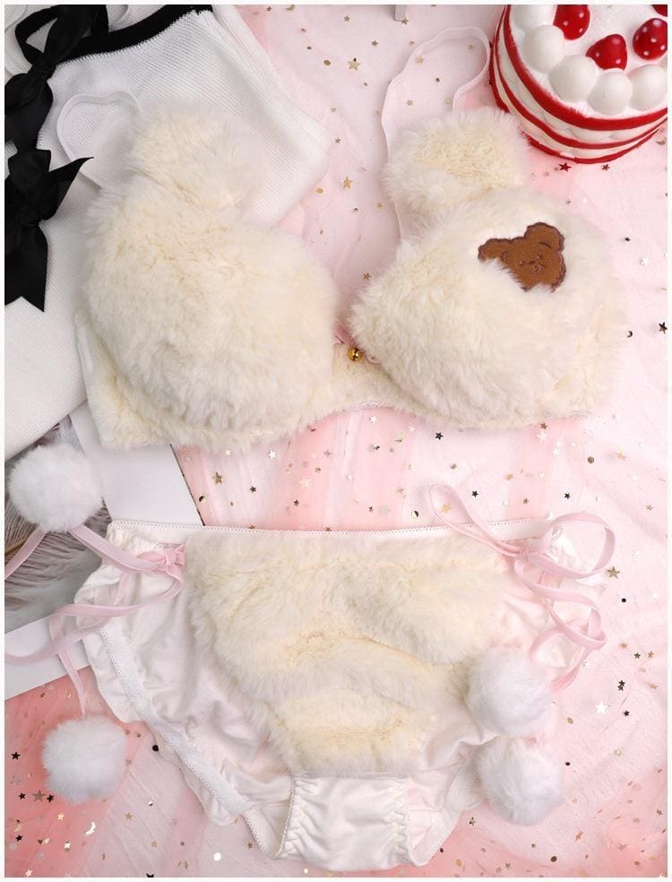 Kawaii fuzzy brown teddy bear lingerie set in faux fur