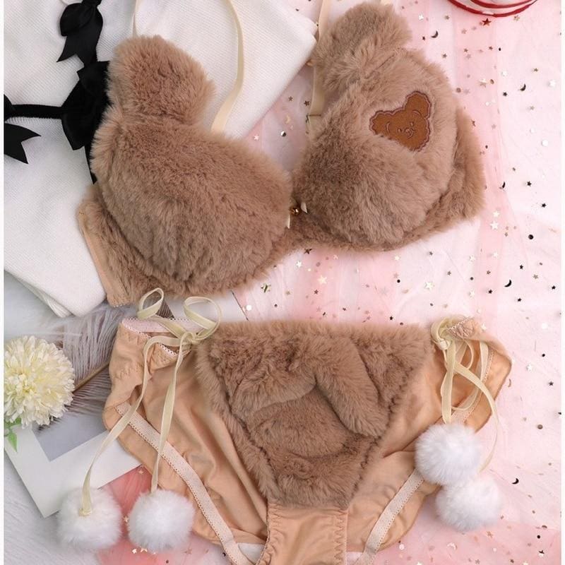 Kawaii fuzzy brown teddy bear lingerie set in faux fur