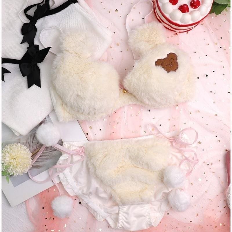 Kawaii fuzzy brown teddy bear lingerie set in faux fur