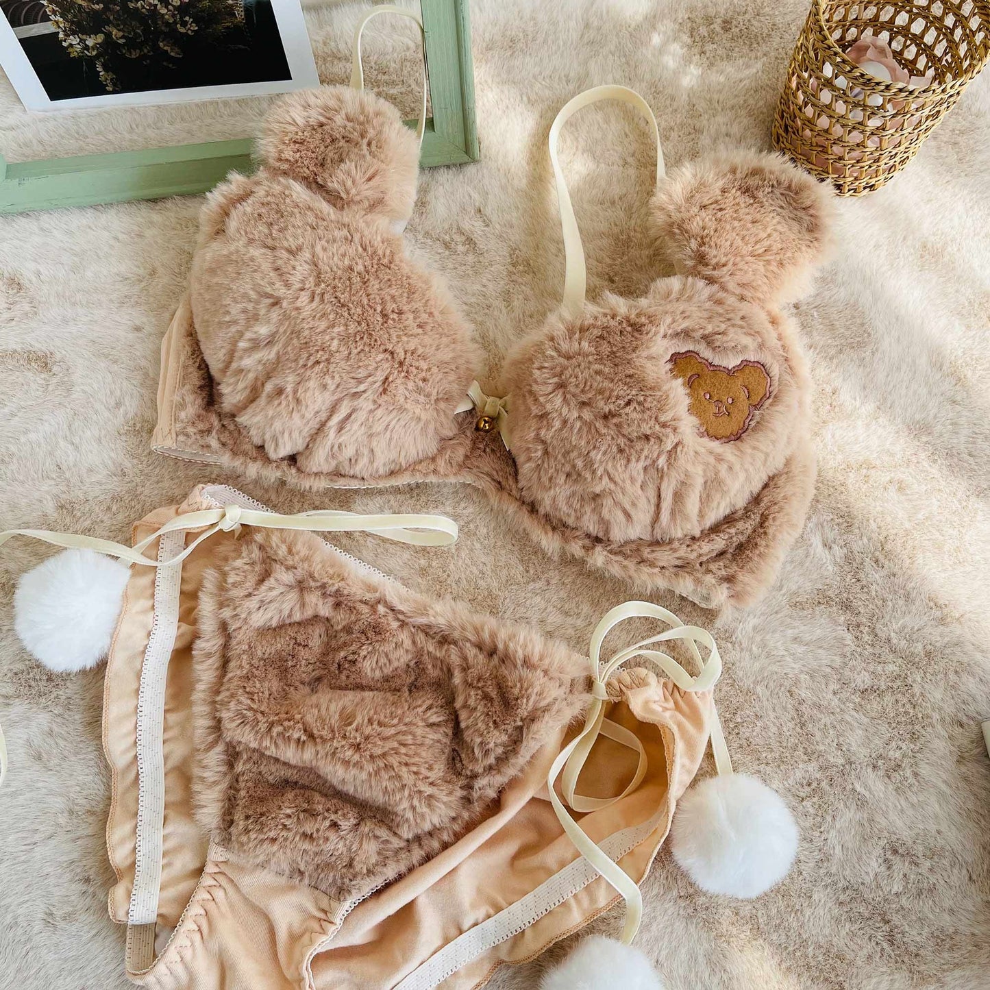 Kawaii fuzzy brown teddy bear lingerie set in faux fur
