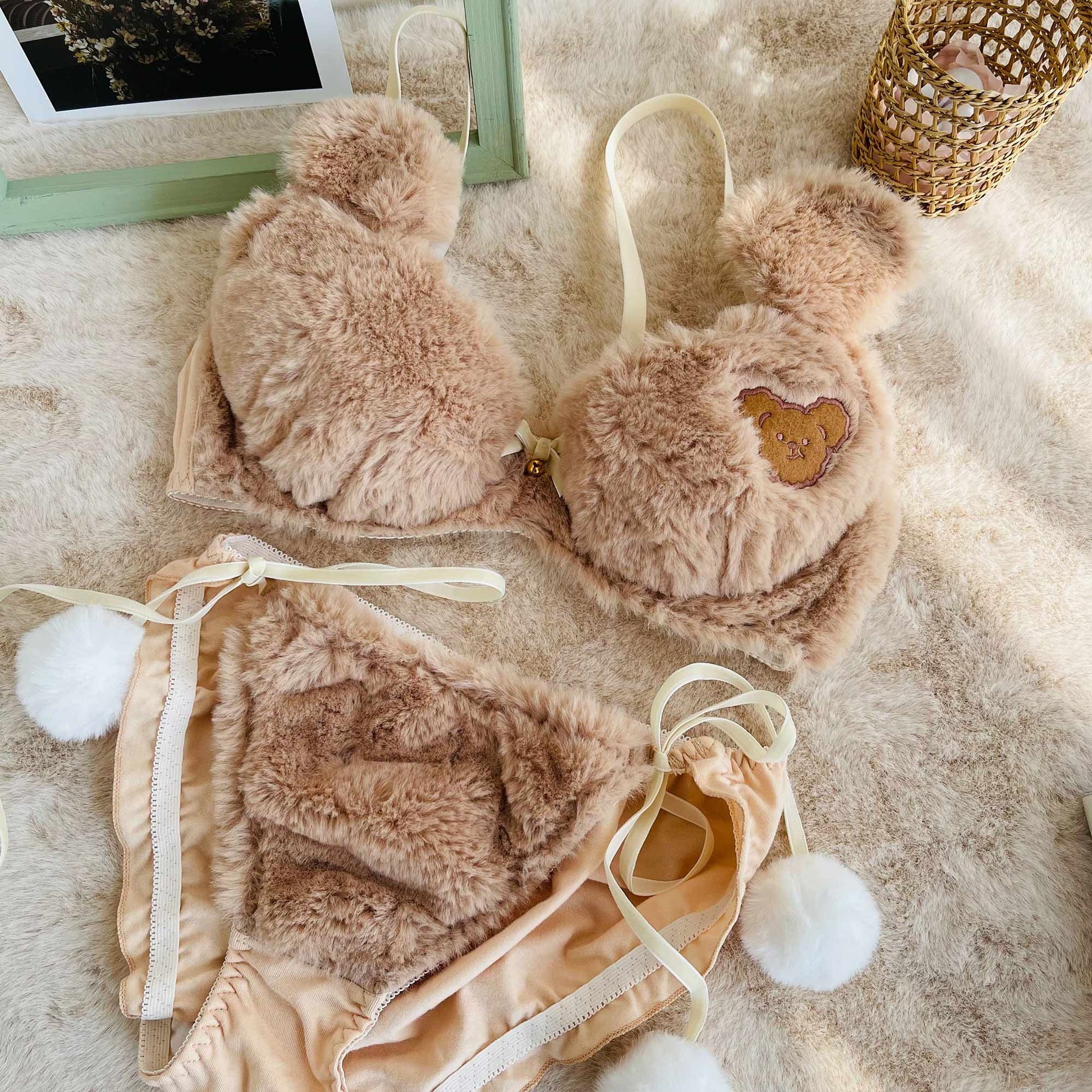 Kawaii fuzzy brown teddy bear lingerie set in faux fur