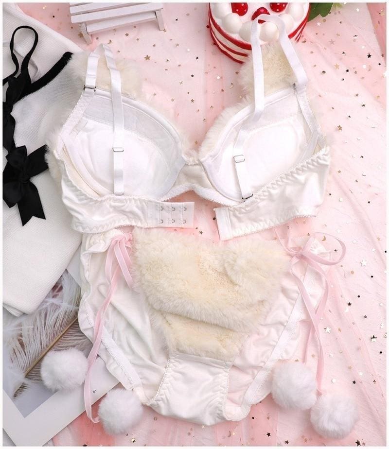 Kawaii fuzzy brown teddy bear lingerie set in faux fur
