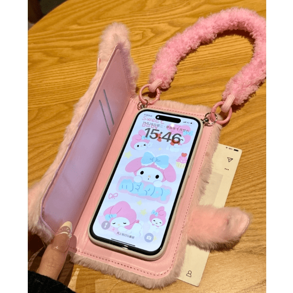 Kawaii Melo Kuro Plush Flip iPhone Case With Lanyard