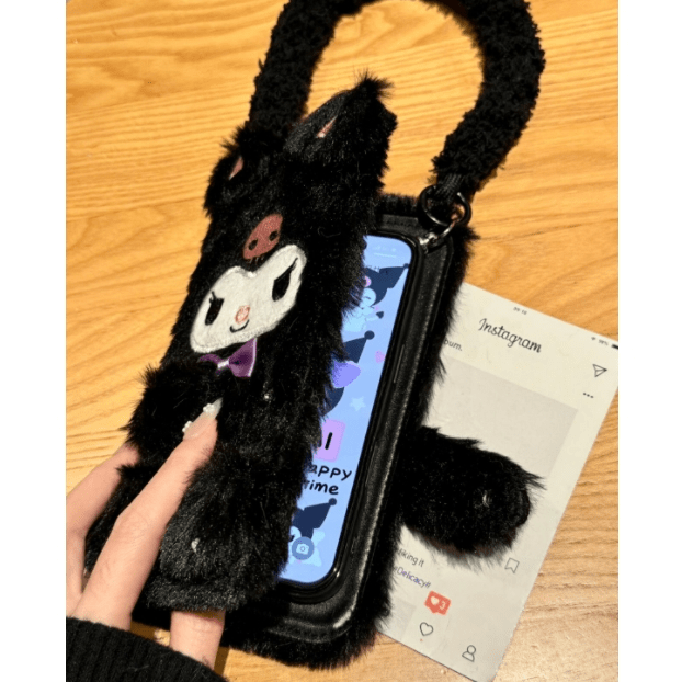 Kawaii Melo Kuro Plush Flip iPhone Case With Lanyard