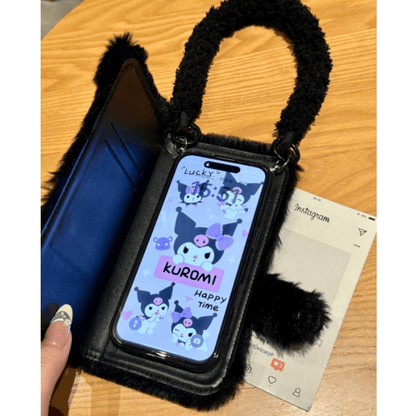 Kawaii Melo Kuro Plush Flip iPhone Case With Lanyard