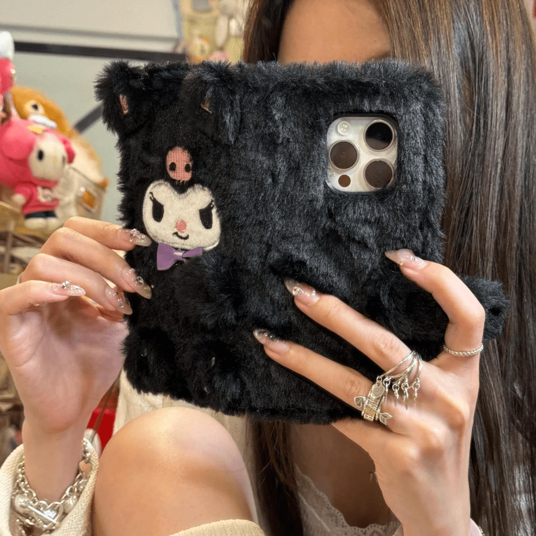 Kawaii Melo Kuro Plush Flip iPhone Case With Lanyard