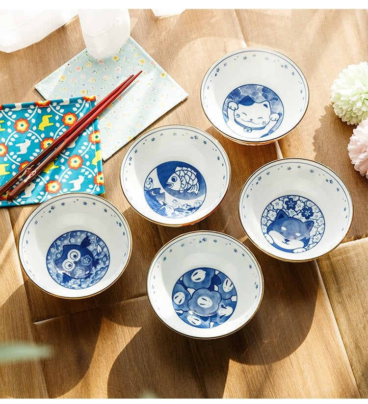 Kawaii oriental noodle bowls - blue ink - bowls - ceramic - china - chinese