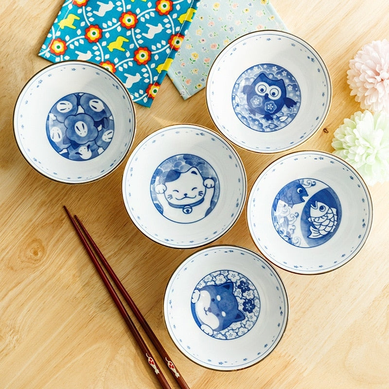 Kawaii oriental noodle bowls - blue ink - bowls - ceramic - china - chinese