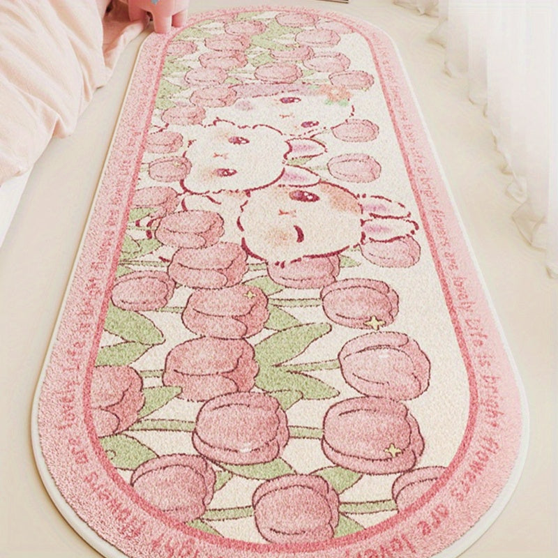 Kawaii pink tulip kitten non-slip rug mat