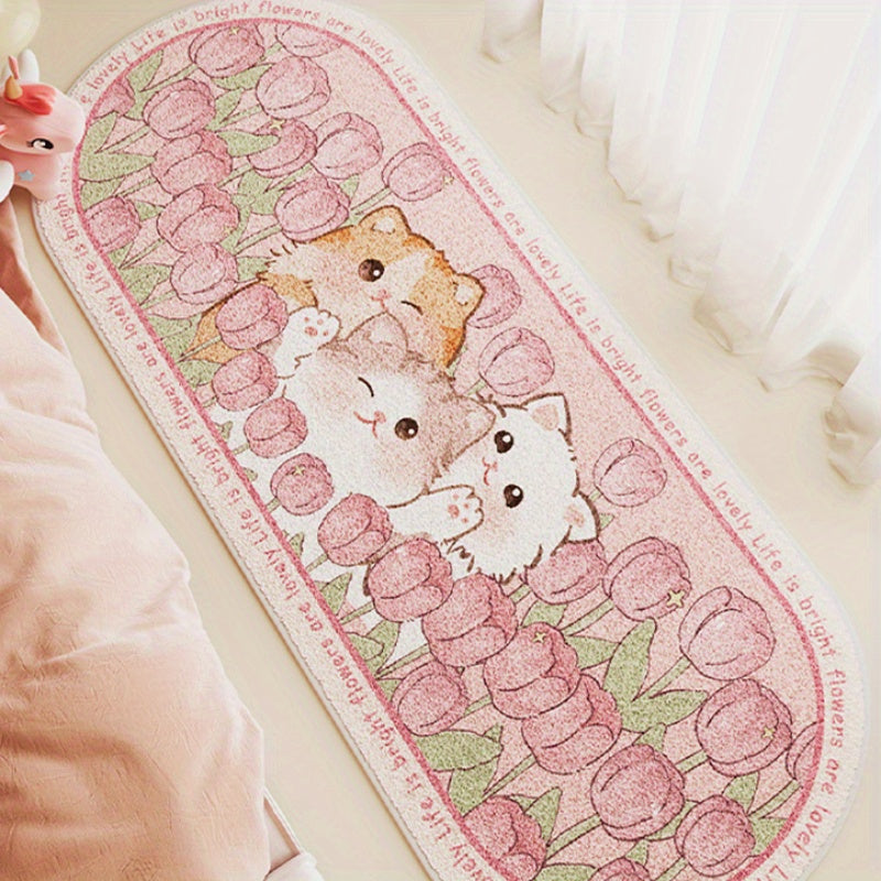 Kawaii pink tulip kitten non-slip rug mat