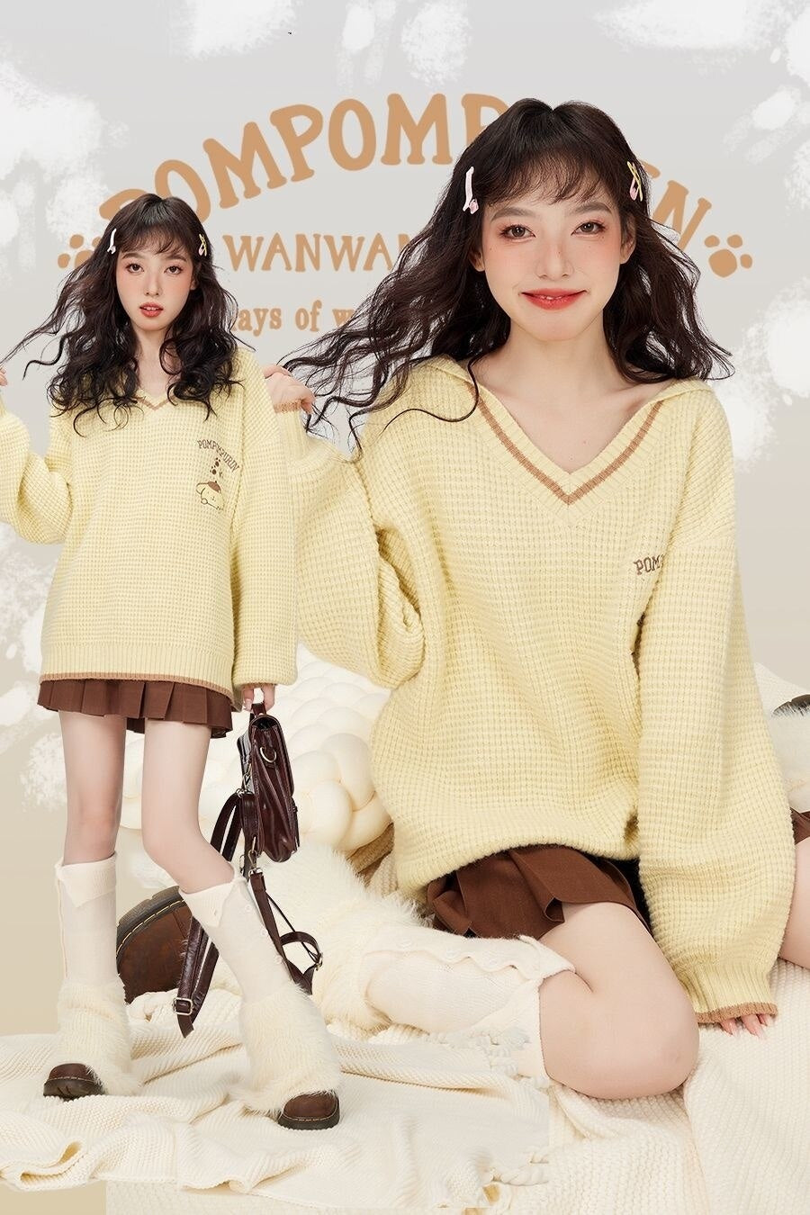 Kawaii prepstar sailor pullover sweater - cable knit - cinnamoroll - skirt -