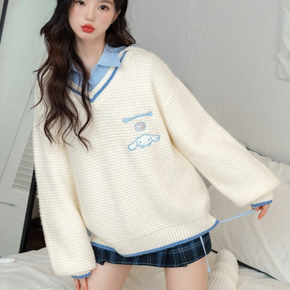 Kawaii prepstar sailor pullover sweater - cable knit - cinnamoroll - skirt -