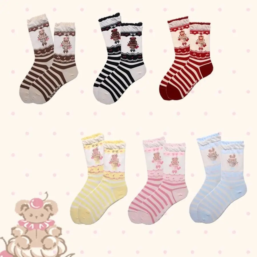 Kawaii teddy bear cupcake crew sock set