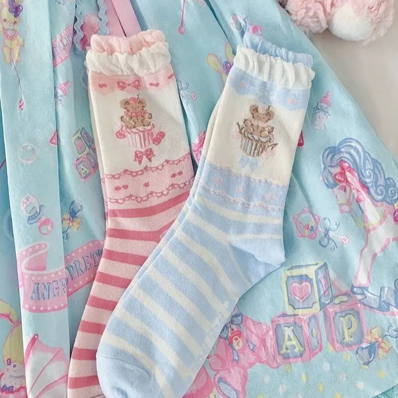 Kawaii teddy bear cupcake crew sock set