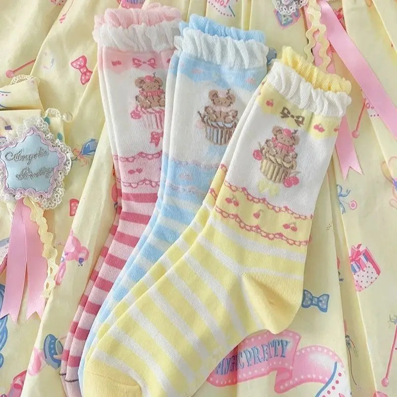 Kawaii teddy bear cupcake crew sock set