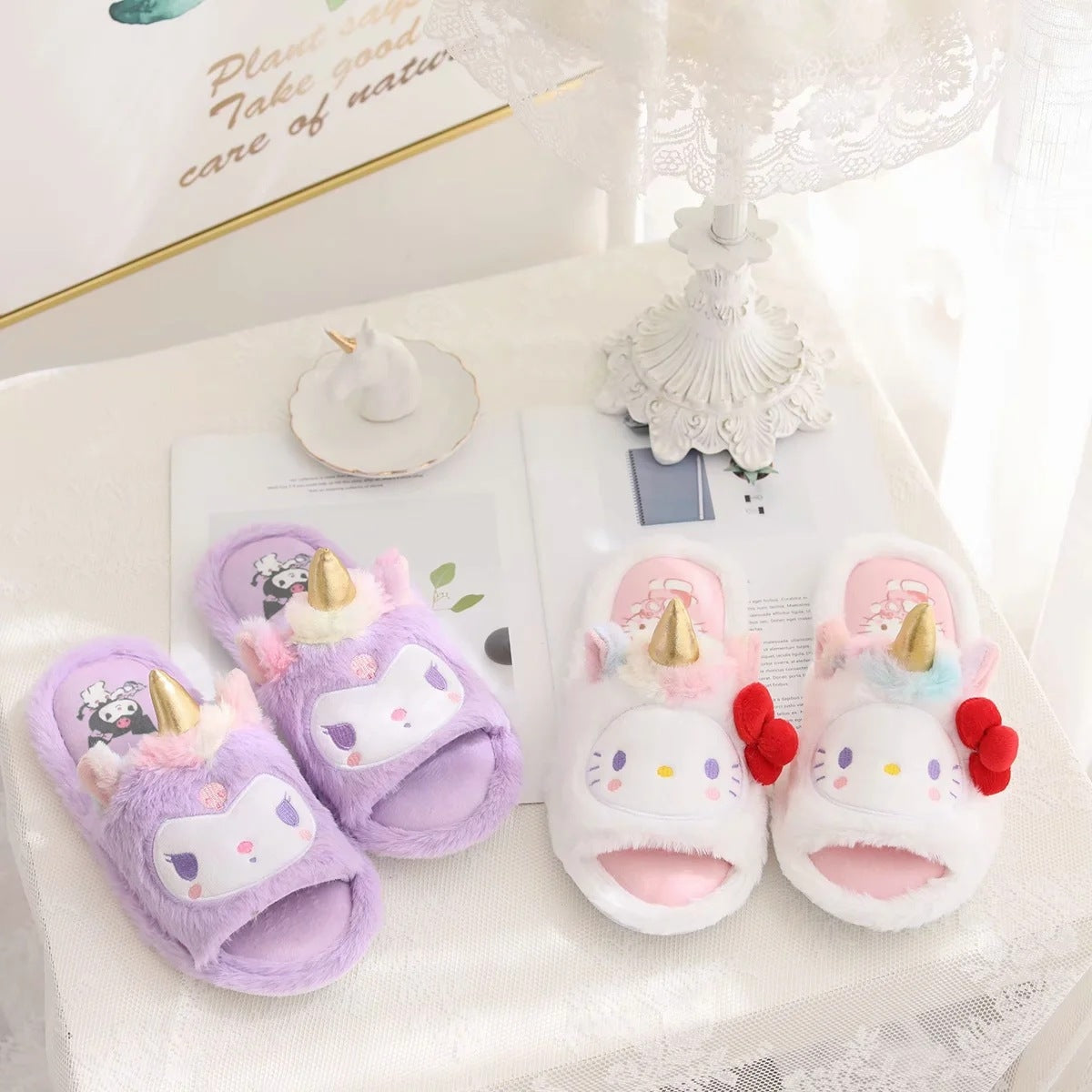Kawaii Unicorn Slippers - cartoon, cinnamoroll, footwear, furry, fuzzy