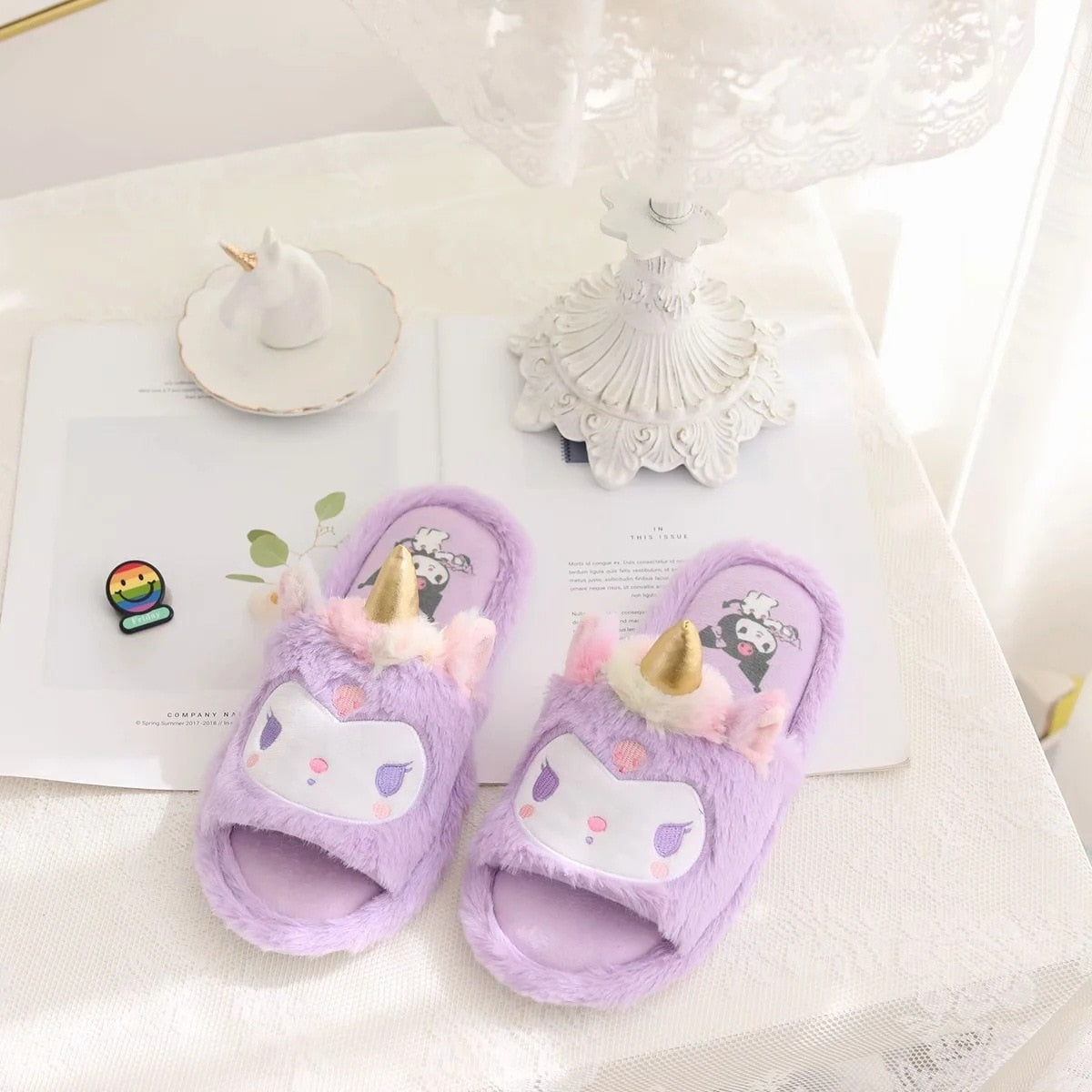 Kawaii Unicorn Slippers - Purple Kuromi - cartoon, cinnamoroll, footwear, furry, fuzzy