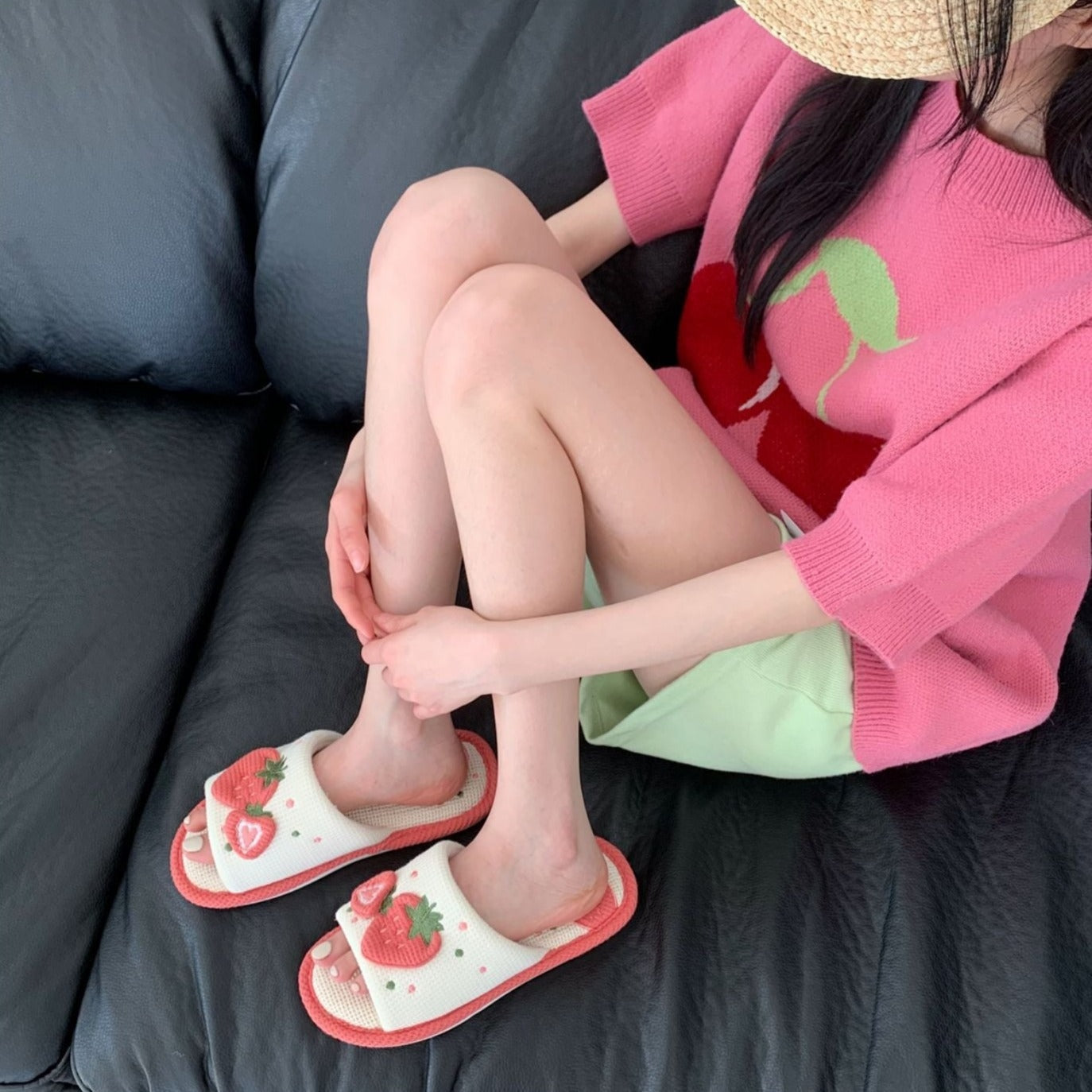 Knit strawberry slides - embroidery - fuzzy slippers - slides - strawberries
