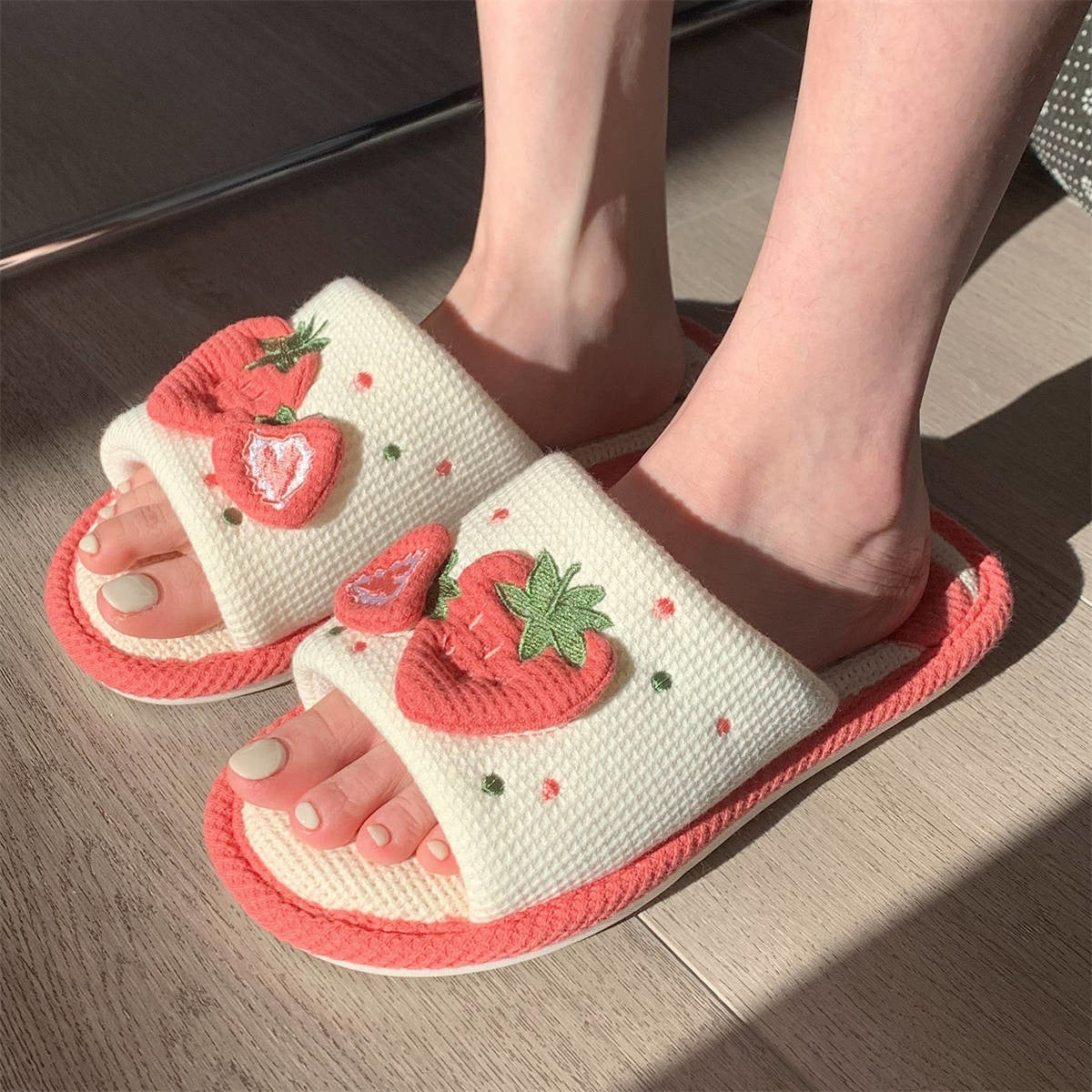 Knit strawberry slides - embroidery - fuzzy slippers - slides - strawberries
