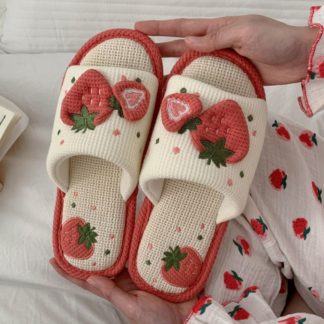 Knit strawberry slides - embroidery - fuzzy slippers - slides - strawberries