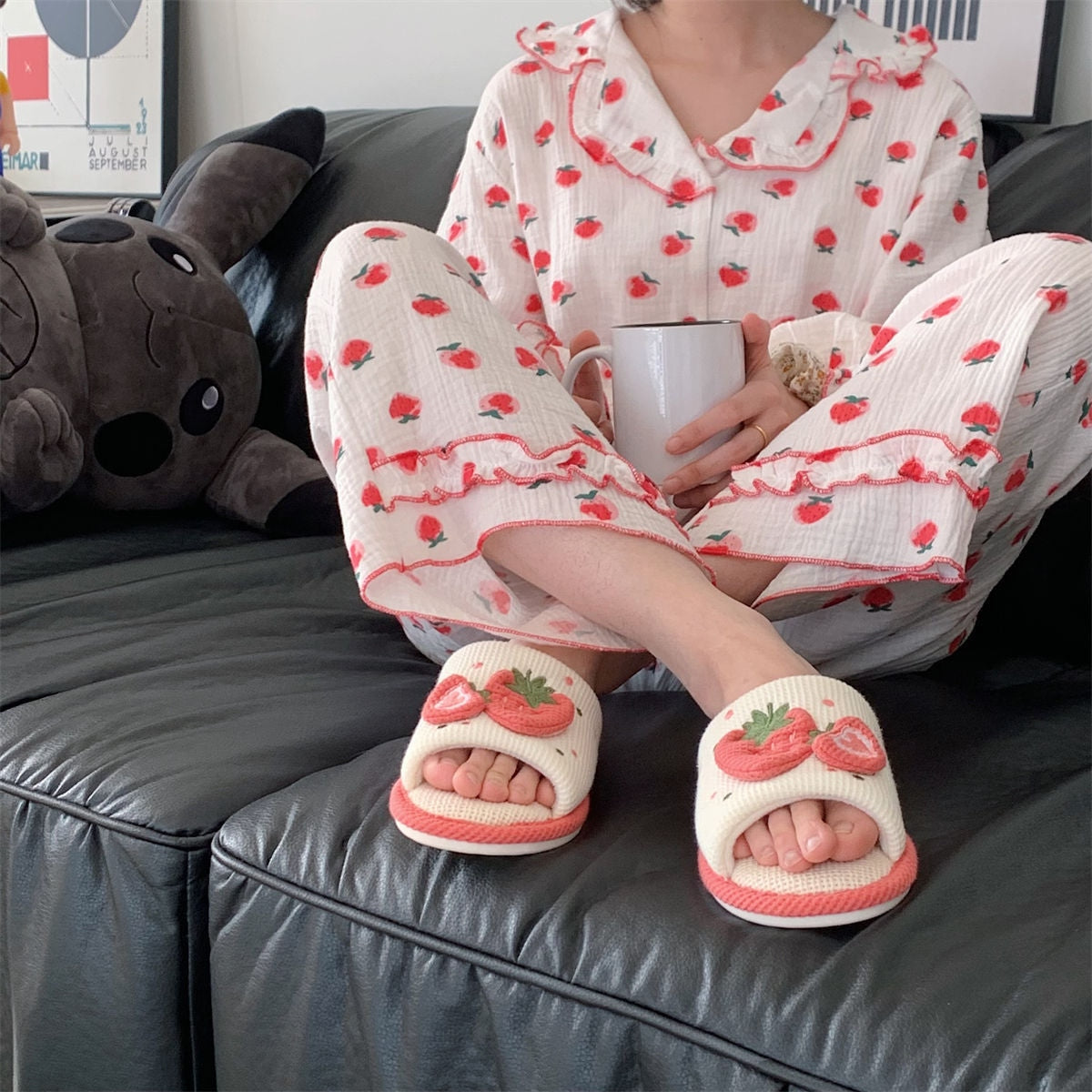 Knit strawberry slides - embroidery - fuzzy slippers - slides - strawberries