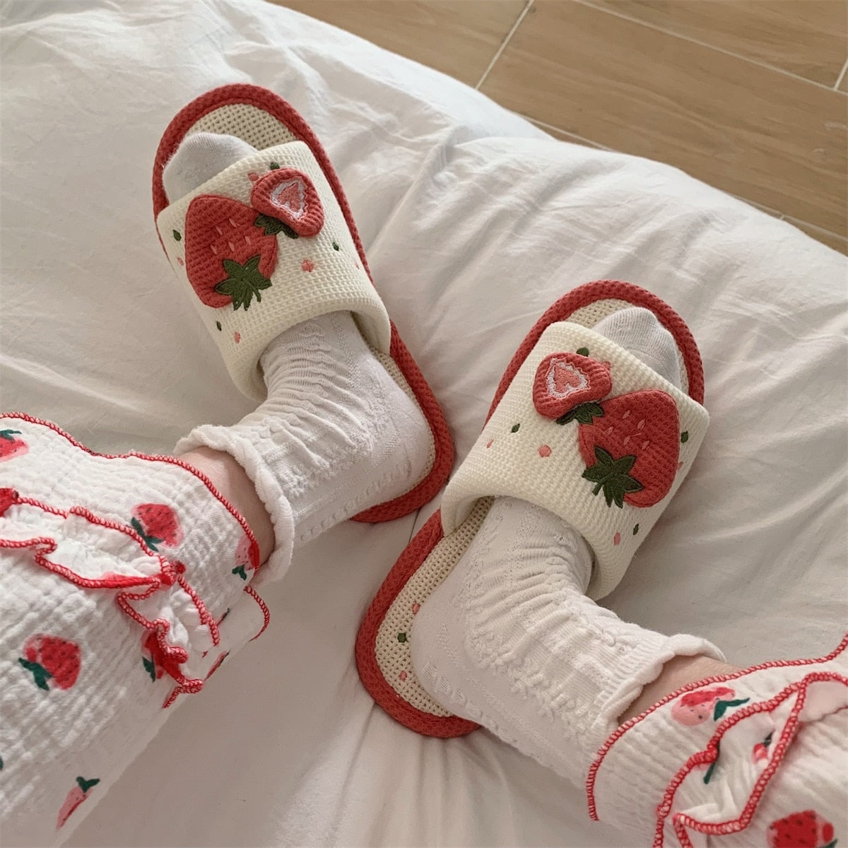 Knit strawberry slides - embroidery - fuzzy slippers - slides - strawberries
