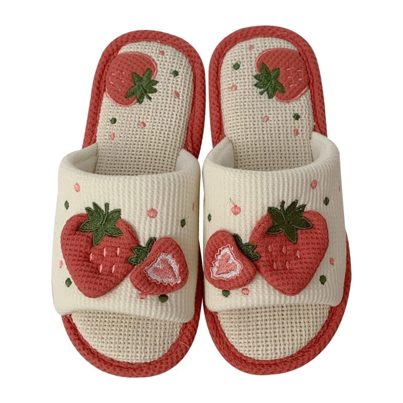 Knit strawberry slides - embroidery - fuzzy slippers - slides - strawberries