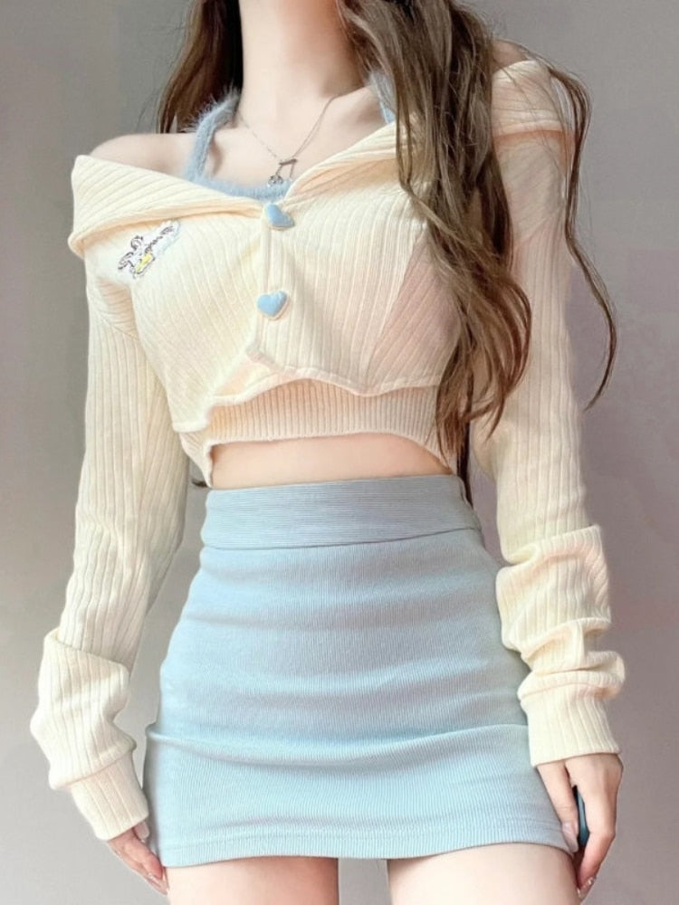 Knit Teddy Crop Top - crochet, embroidered, embroidery, knit, knit top Kawaii Babe