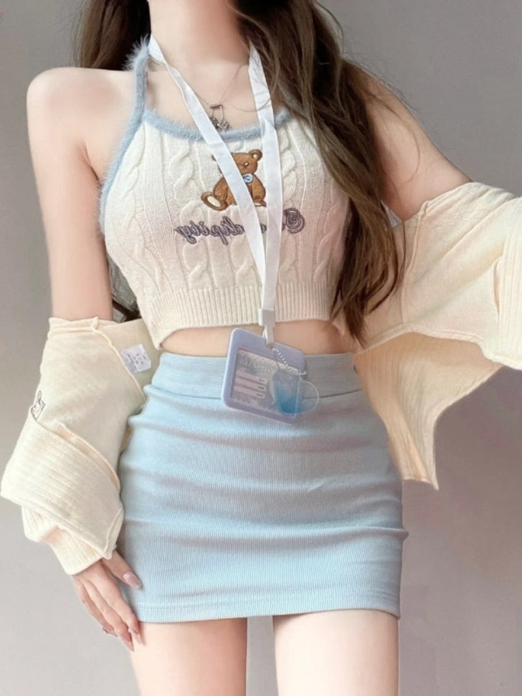 Knit Teddy Crop Top - crochet, embroidered, embroidery, knit, knit top Kawaii Babe